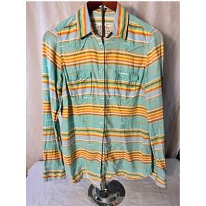 Ryan Michael Western Snap Shirt Womens M Teal Orange Stripe Linen Blend